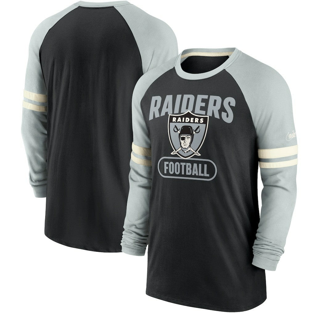 Las Vegas Raiders Throwback Raglan Long Sleeve T-Shirt - Black/Silver | Nike discount