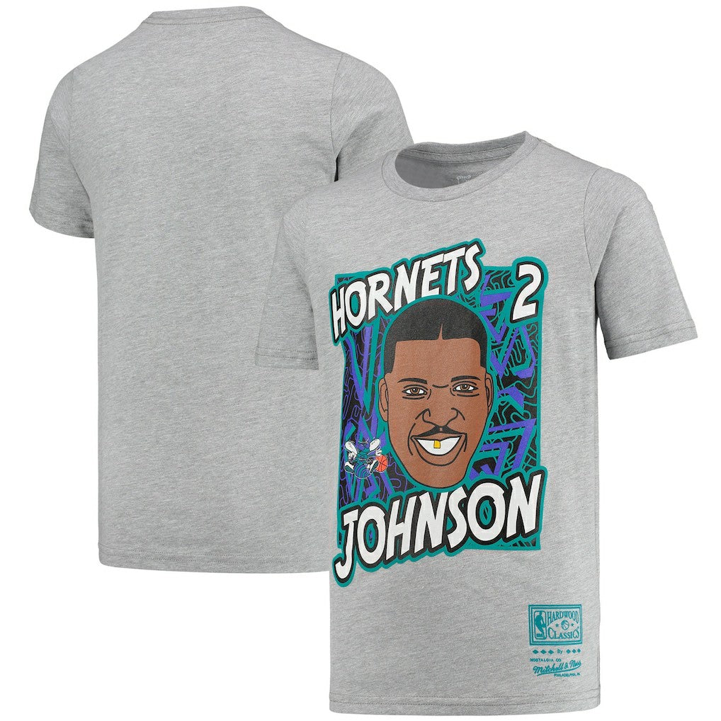 Larry Johnson Charlotte Hornets Youth Hardwood Classics King of the Court Player T-Shirt - Gray | Mitchell & Ness for sale