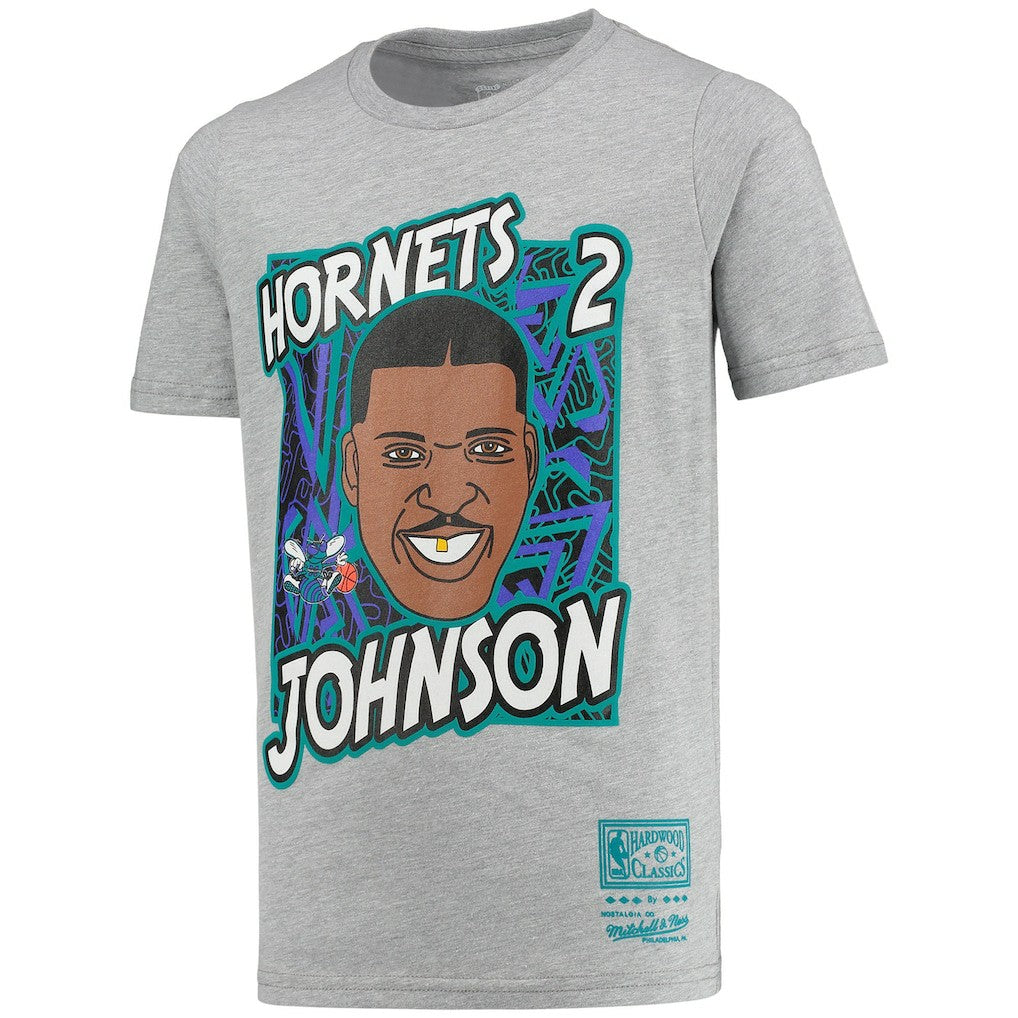 Larry Johnson Charlotte Hornets Youth Hardwood Classics King of the Court Player T-Shirt - Gray | Mitchell & Ness for sale
