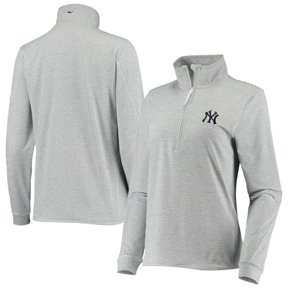 New York Yankees Vineyard Vines Women's Stripe Sankaty Half-Zip Pullover Top - Heather Gray