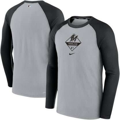 Miami Marlins Game Authentic Collection Performance Raglan Long Sleeve T-Shirt - Gray/Black | Nike