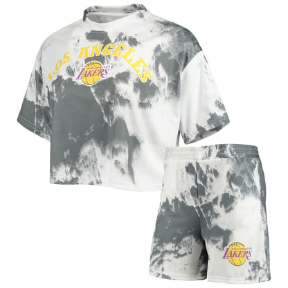 Los Angeles Lakers Women's Tie-Dye Crop Top & Shorts Set - White/Black outlet