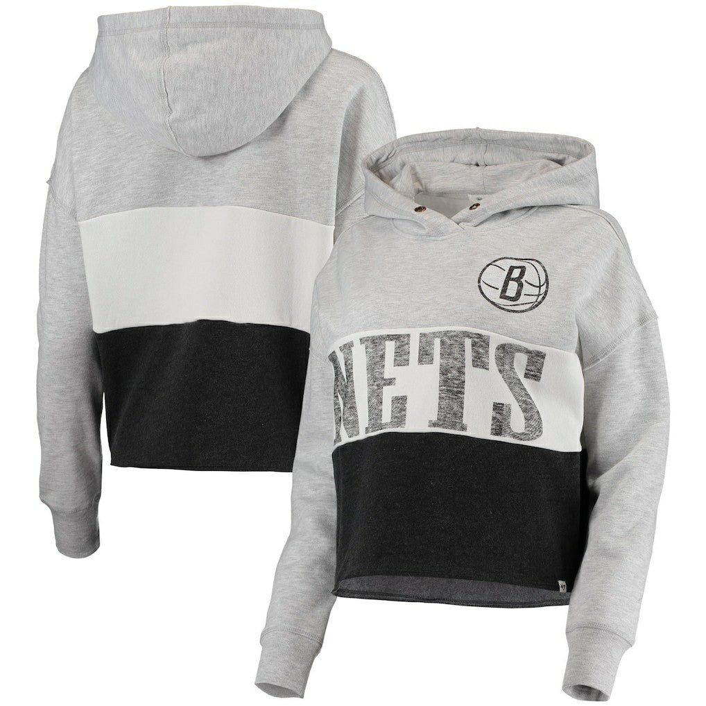 Brooklyn Nets '47 Women's Lizzy Cutoff Pullover Hoodie - Heathered Gray/Heathered Black | 47 brand on sale