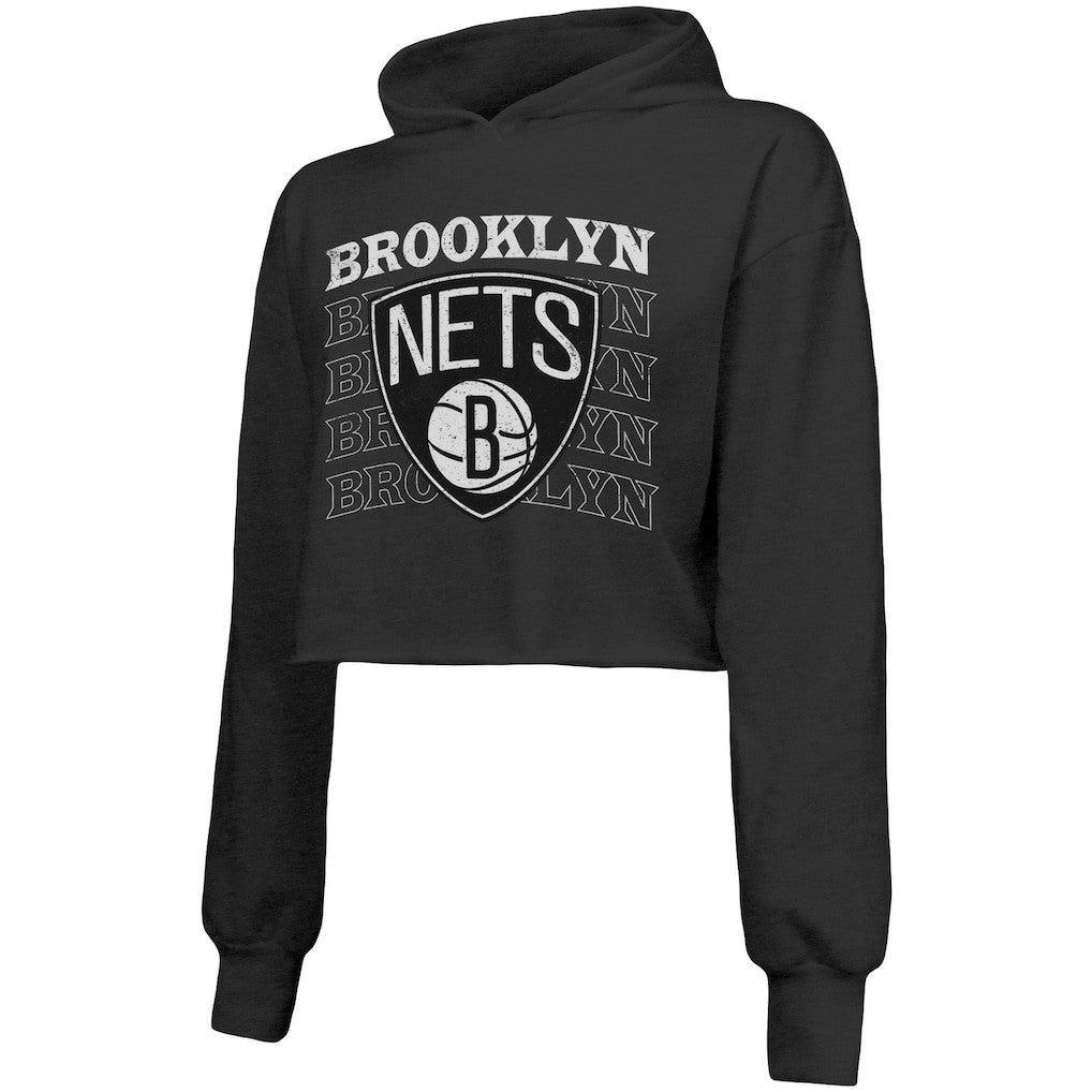 Brooklyn Nets Majestic Threads Women's Repeat Cropped Tri-Blend Pullover Hoodie - Black shop
