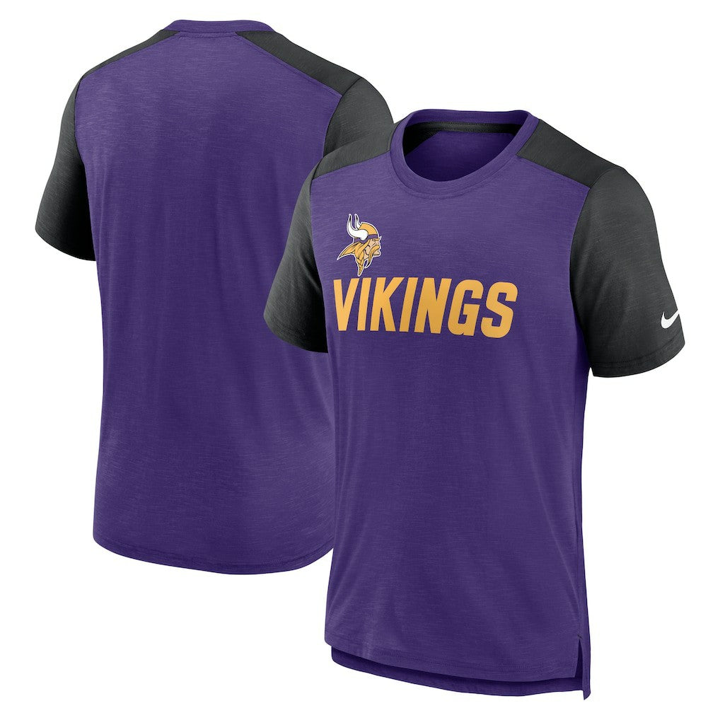 Minnesota Vikings Color Block Team Name T-Shirt - Heathered Purple/Heathered Black | Nike discount