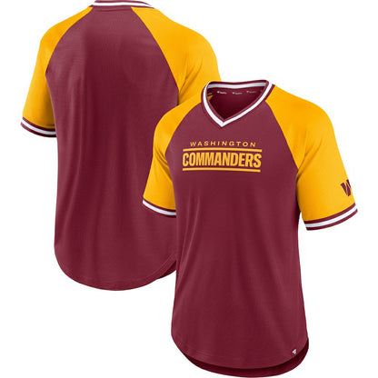 Washington Commanders Second Wind Raglan V-Neck T-Shirt - Burgundy/Gold for sale