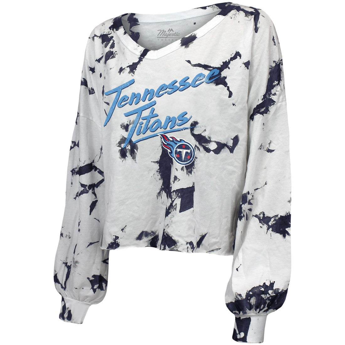 Tennessee Titans Majestic Threads Women's Off-Shoulder Tie-Dye V-Neck Long Sleeve T-Shirt - White/Navy discount