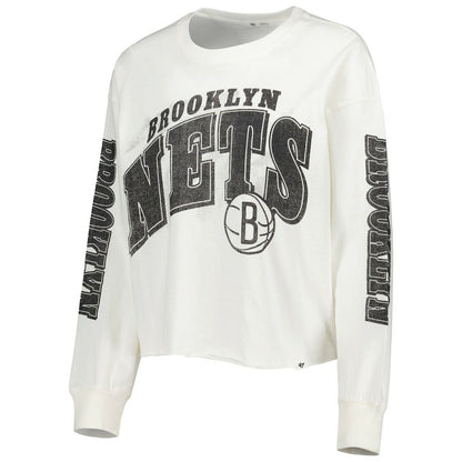 Brooklyn Nets '47 Women's Parkway Brush Back Long Sleeve Cropped T-Shirt - Cream | 47 brand outlet