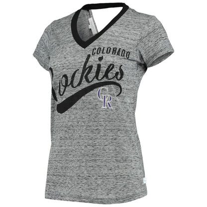 Colorado Rockies Touch Women's Hail Mary Back Wrap Space-Dye V-Neck T-Shirt - Black