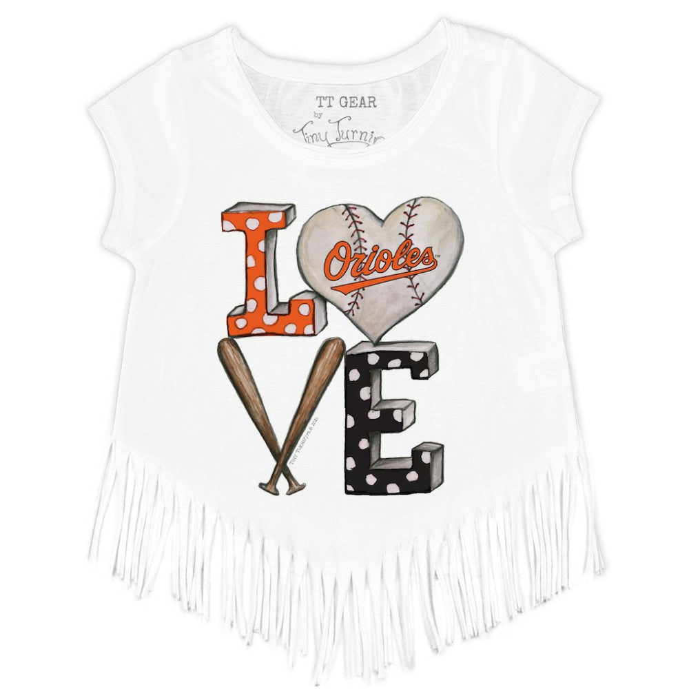Baltimore Orioles Tiny Turnip Girls Youth Baseball Love Fringe T-Shirt - White