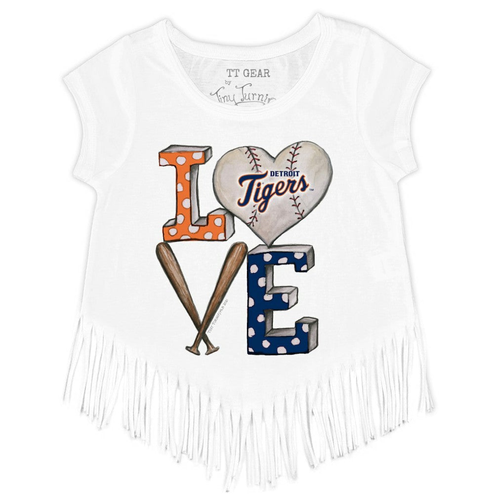 Detroit Tigers Tiny Turnip Girls Youth Baseball Love Fringe T-Shirt - White
