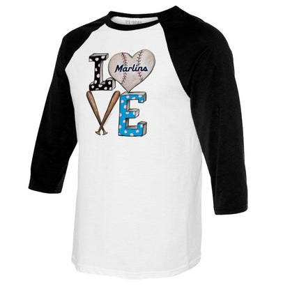 Miami Marlins Tiny Turnip Women's Baseball Love Raglan 3/4-Sleeve T-Shirt - White/Black