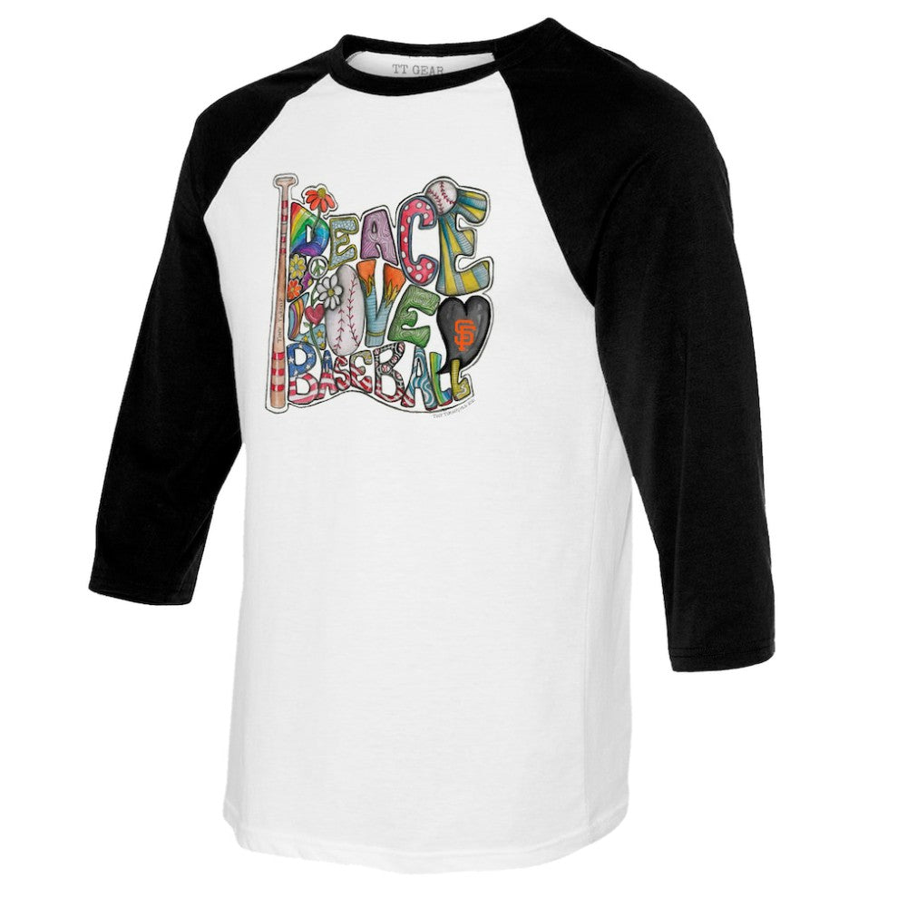 San Francisco Giants Tiny Turnip Women's Peace Love Baseball 3/4-Sleeve Raglan T-Shirt - White/Black