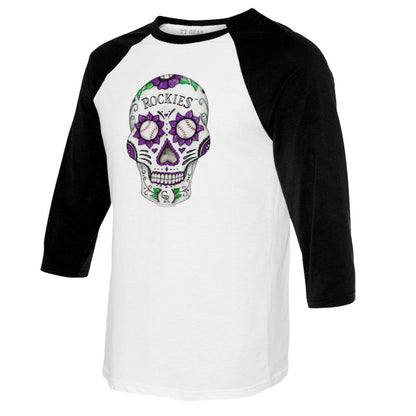 Colorado Rockies Tiny Turnip Women's Sugar Skull 3/4-Sleeve Raglan T-Shirt - White/Black