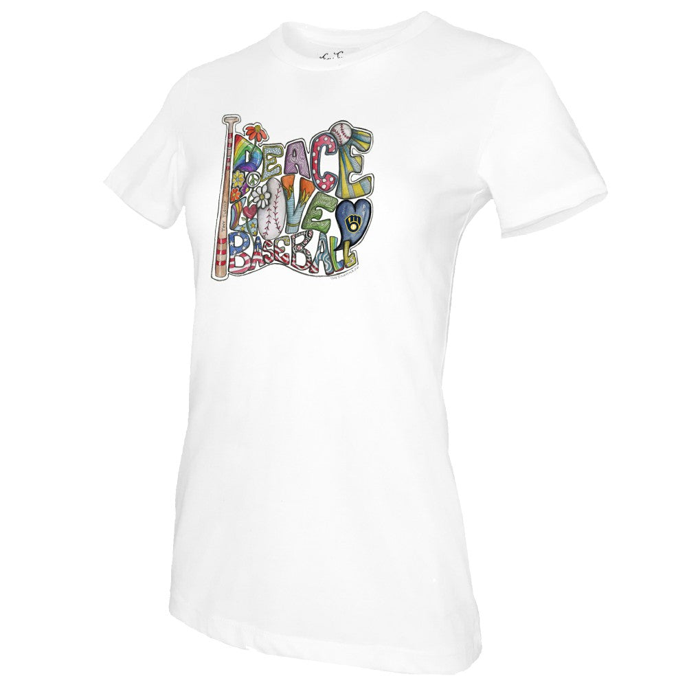 Milwaukee Brewers Tiny Turnip Women's Peace Love Baseball T-Shirt - White