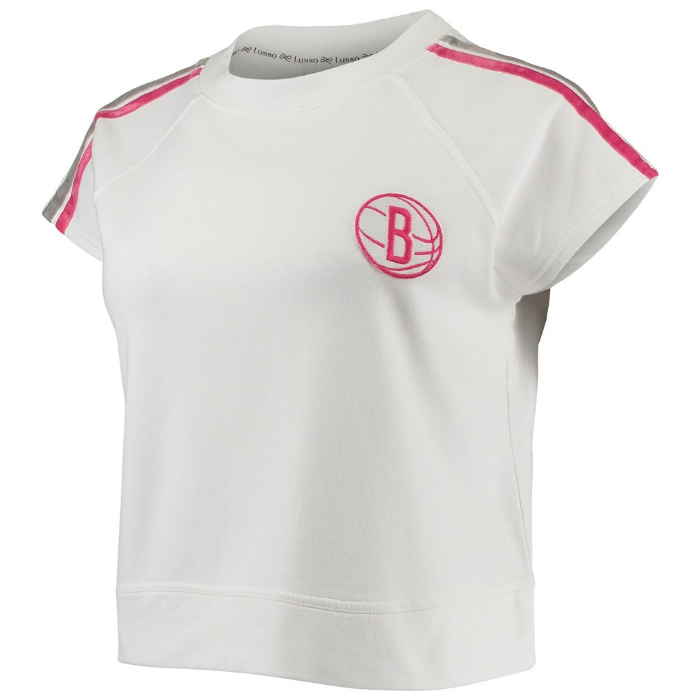 Brooklyn Nets Lusso Women's Margot Cropped Tri-Blend Cap Sleeve Sweatshirt - White for sale