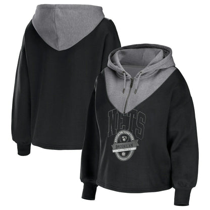 Brooklyn Nets WEAR by Erin Andrews Women's Pieced Quarter-Zip Hoodie Jacket - Black outlet