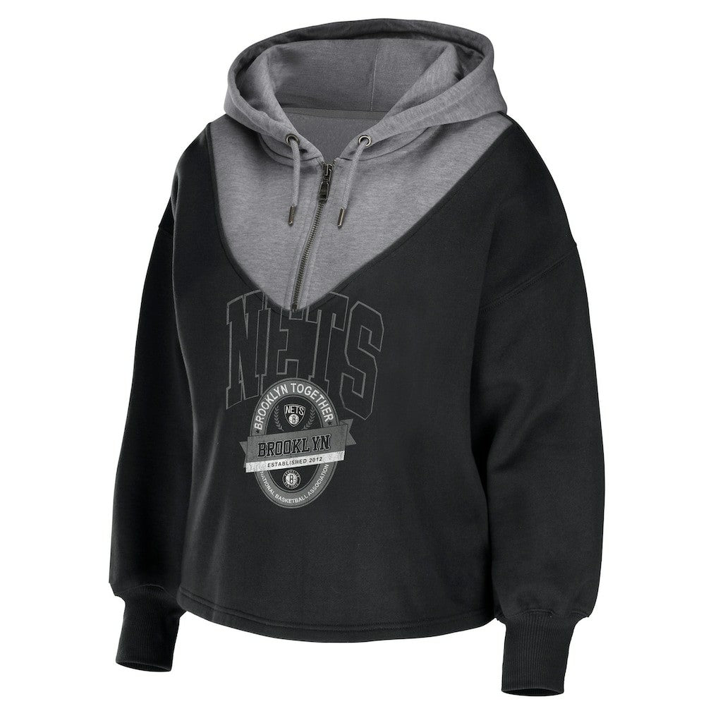 Brooklyn Nets WEAR by Erin Andrews Women's Pieced Quarter-Zip Hoodie Jacket - Black outlet