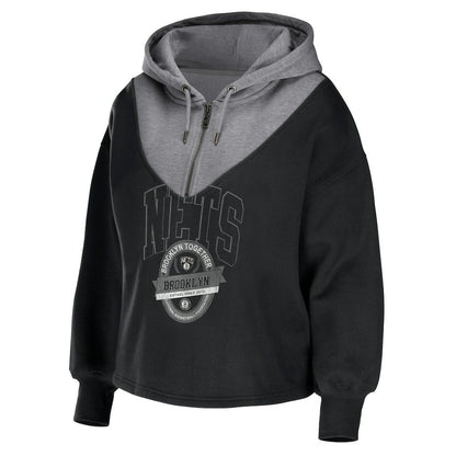 Brooklyn Nets WEAR by Erin Andrews Women's Pieced Quarter-Zip Hoodie Jacket - Black outlet