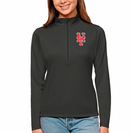 New York Mets Antigua Women's Tribute Quarter-Zip Pullover Top - Charcoal