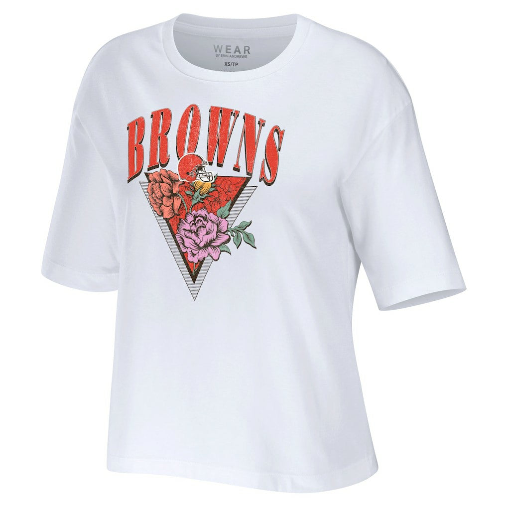 Cleveland Browns WEAR by Erin Andrews Women's Boxy Floral Cropped T-Shirt - White for sale