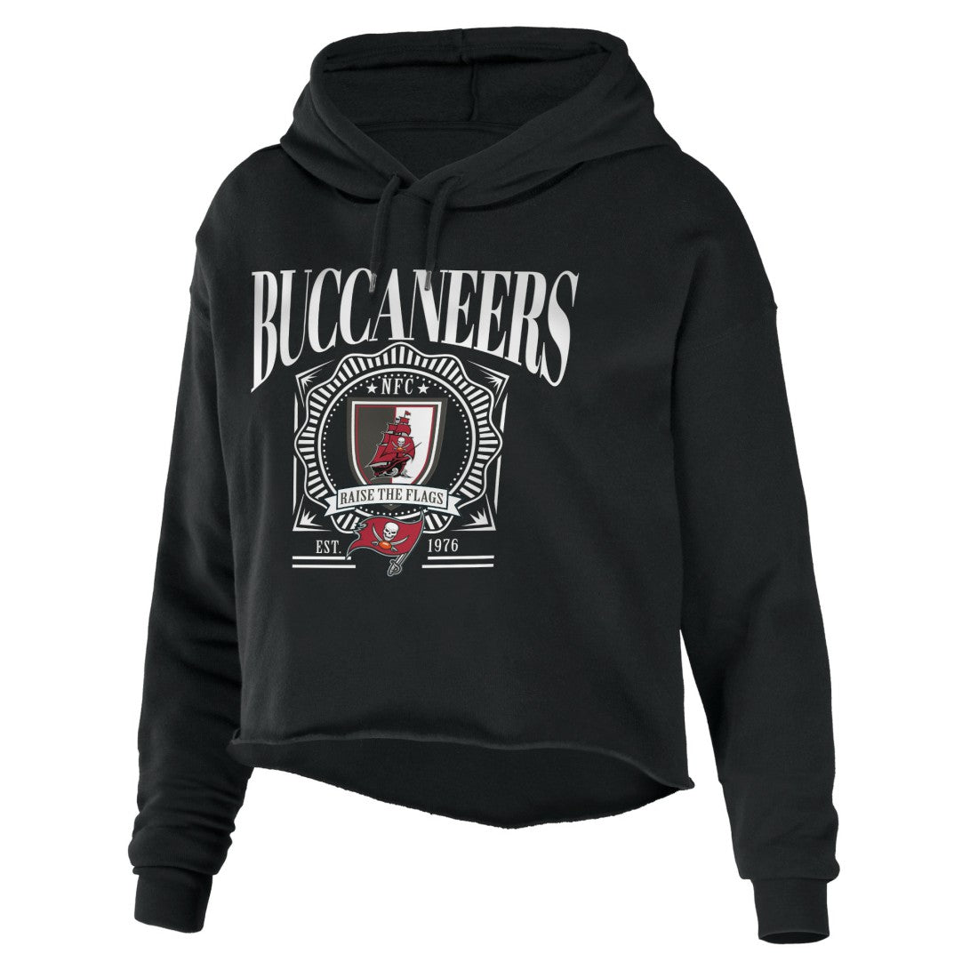Tampa Bay Buccaneers WEAR by Erin Andrews Women's Cropped Sponge Fleece Pullover Hoodie - Black on sale