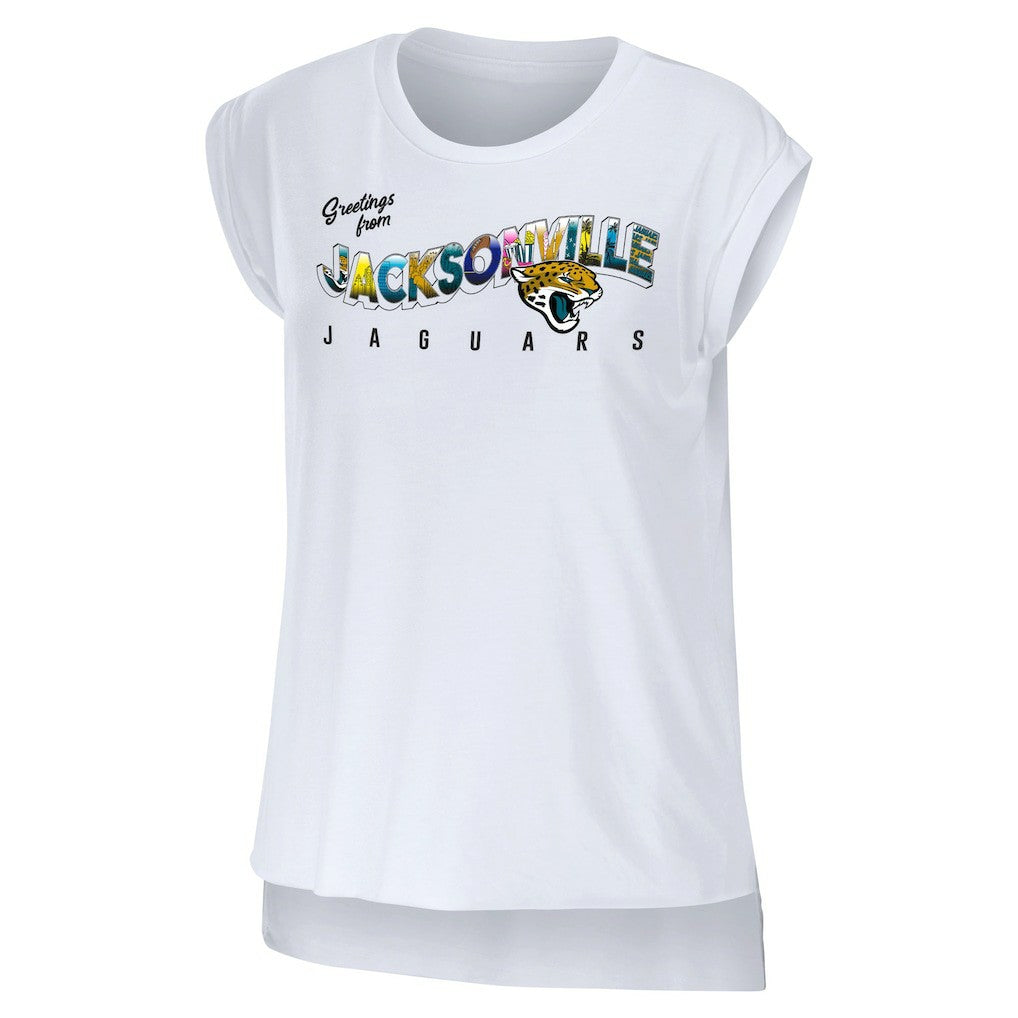 Jacksonville Jaguars WEAR by Erin Andrews Women's Greetings From Muscle T-Shirt - White discount