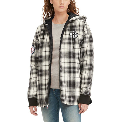 Brooklyn Nets Tommy Jeans Women's Molly Flannel Full-Zip Hoodie - Black/Cream outlet