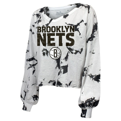 Brooklyn Nets Majestic Threads Women's Aquarius Tie-Dye Cropped V-Neck Long Sleeve T-Shirt - White/Black sale