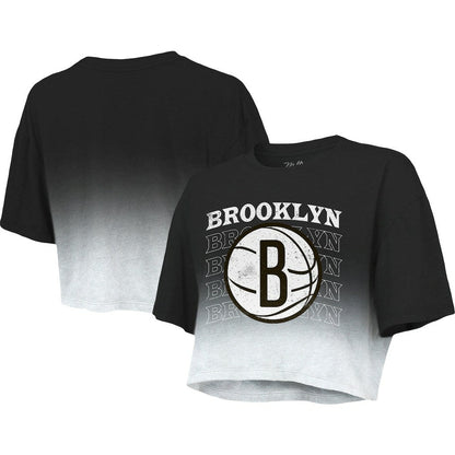Brooklyn Nets Majestic Threads Women's Repeat Dip-Dye Cropped T-Shirt - Black/White on sale