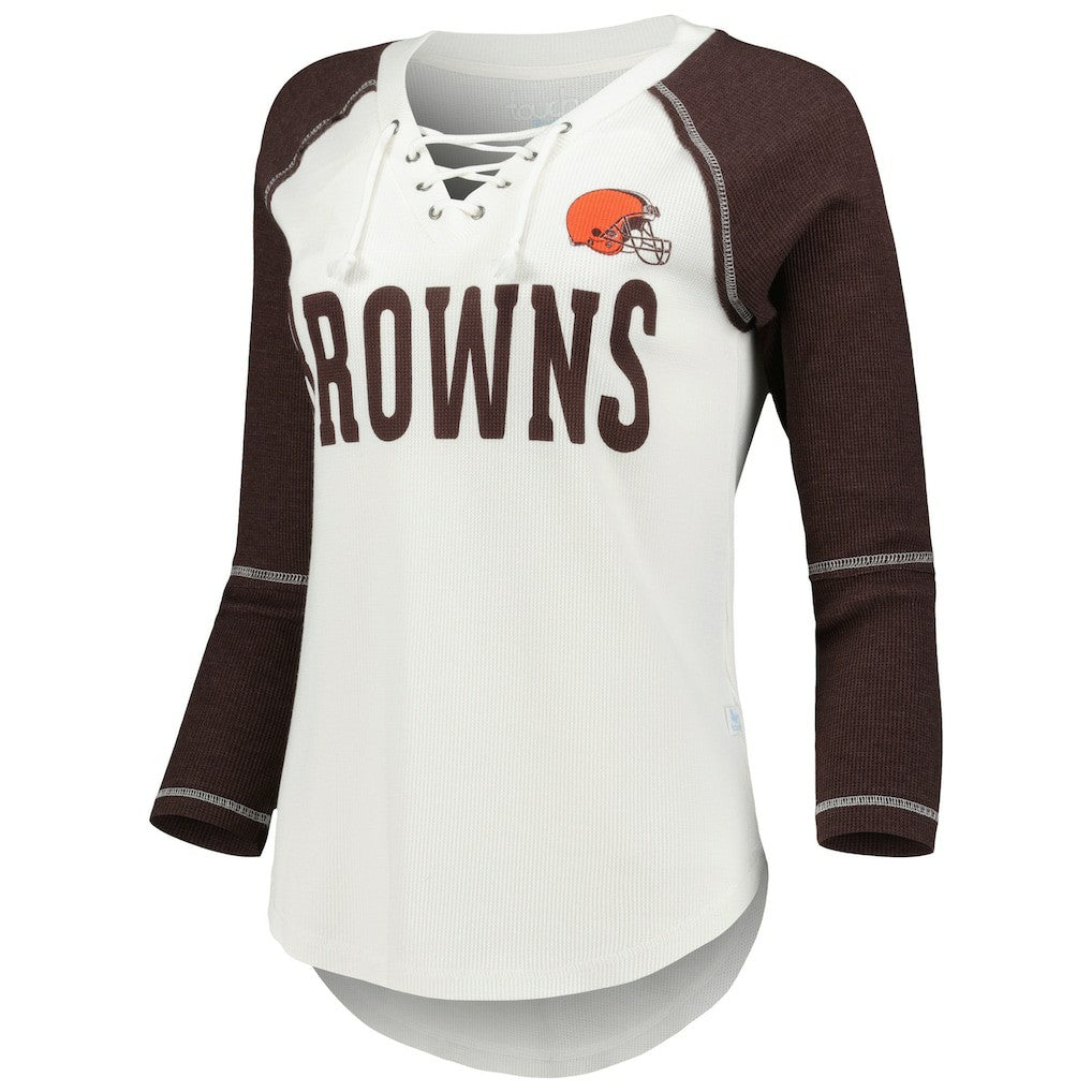 Cleveland Browns Touch Women's Rebel Raglan Tri-Blend 3/4-Sleeve Lace-Up V-Neck T-Shirt - White/Brown on sale