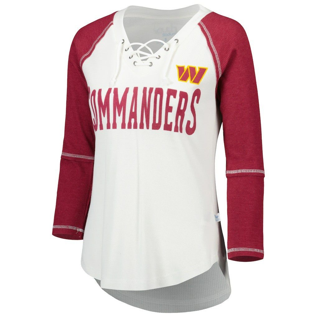 Washington Commanders Touch Women's Rebel Raglan Tri-Blend 3/4-Sleeve Lace-Up V-Neck T-Shirt - White/Burgundy online