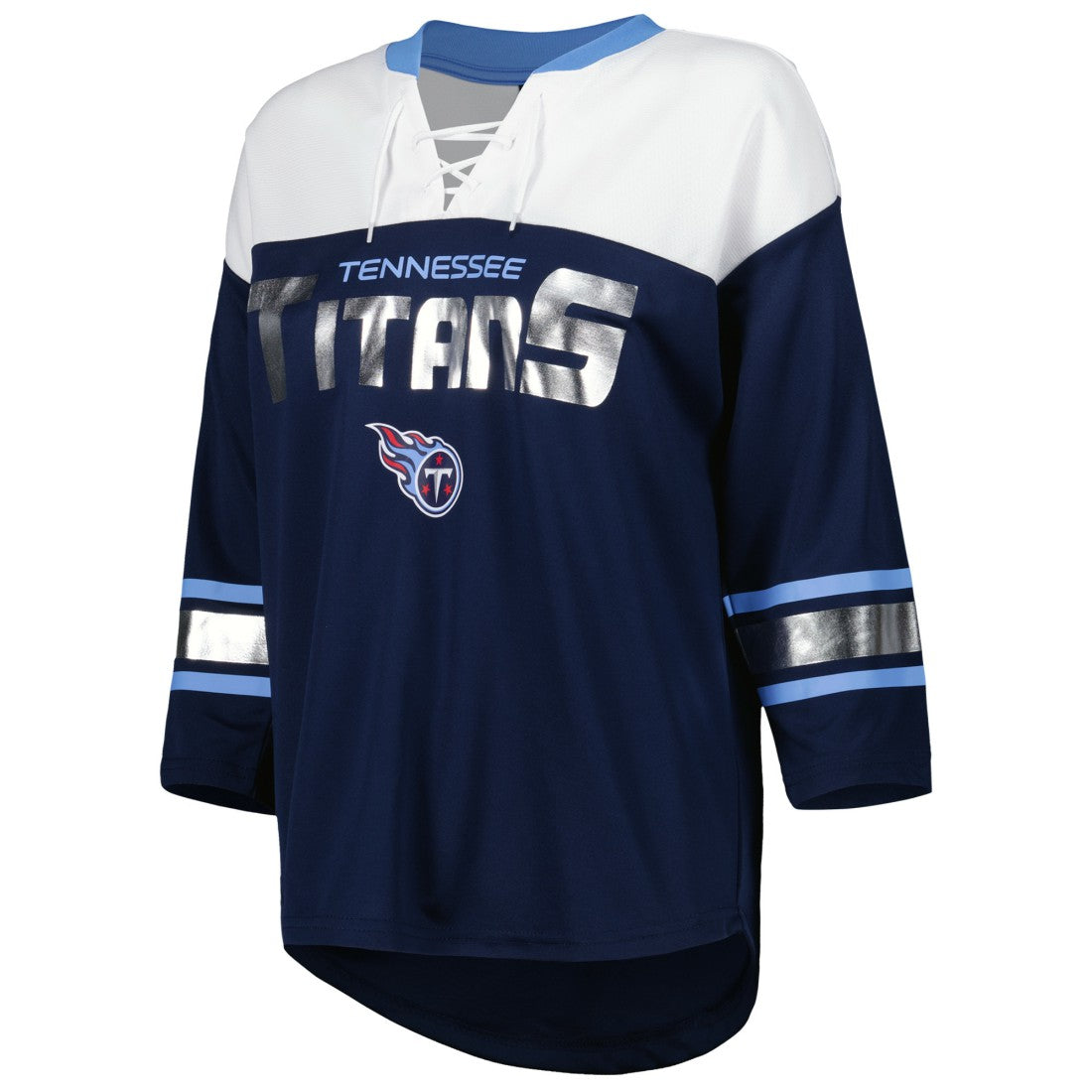 Tennessee Titans G-III 4Her by Carl Banks Women's Double Team 3/4-Sleeve Lace-Up T-Shirt - Navy/White on sale