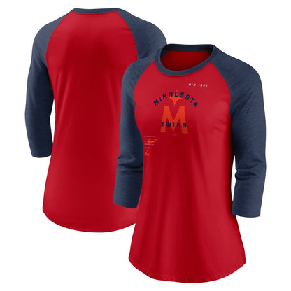 Minnesota Twins Women's Next Up Tri-Blend Raglan 3/4-Sleeve T-Shirt - Red/Navy | Nike