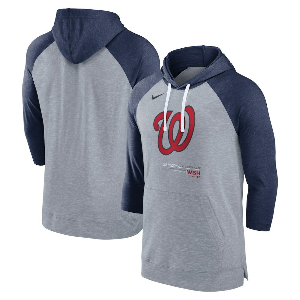 Washington Nationals Baseball Raglan 3/4-Sleeve Pullover Hoodie - Heather Gray/Heather Navy | Nike