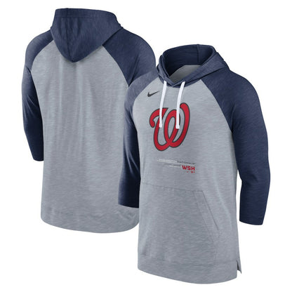 Washington Nationals Baseball Raglan 3/4-Sleeve Pullover Hoodie - Heather Gray/Heather Navy | Nike