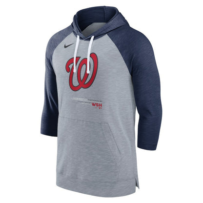 Washington Nationals Baseball Raglan 3/4-Sleeve Pullover Hoodie - Heather Gray/Heather Navy | Nike