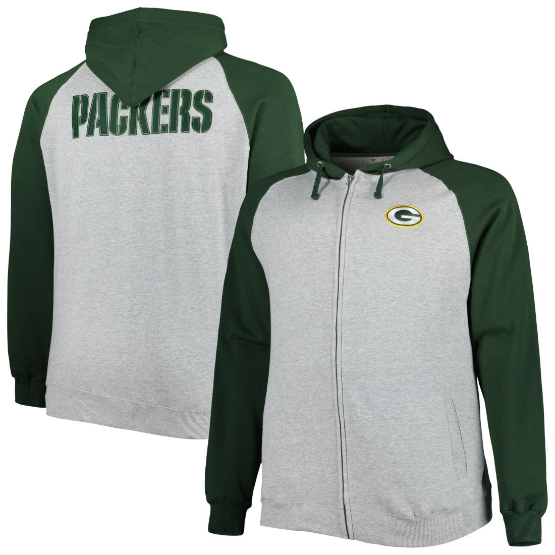 Green Bay Packers Big & Tall Fleece Raglan Full-Zip Hoodie Jacket - Heather Gray online