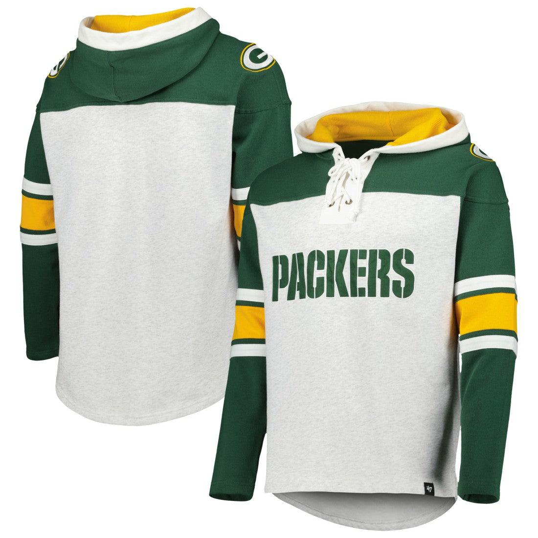 Green Bay Packers '47 Gridiron Lace-Up Pullover Hoodie - Heather Gray on sale