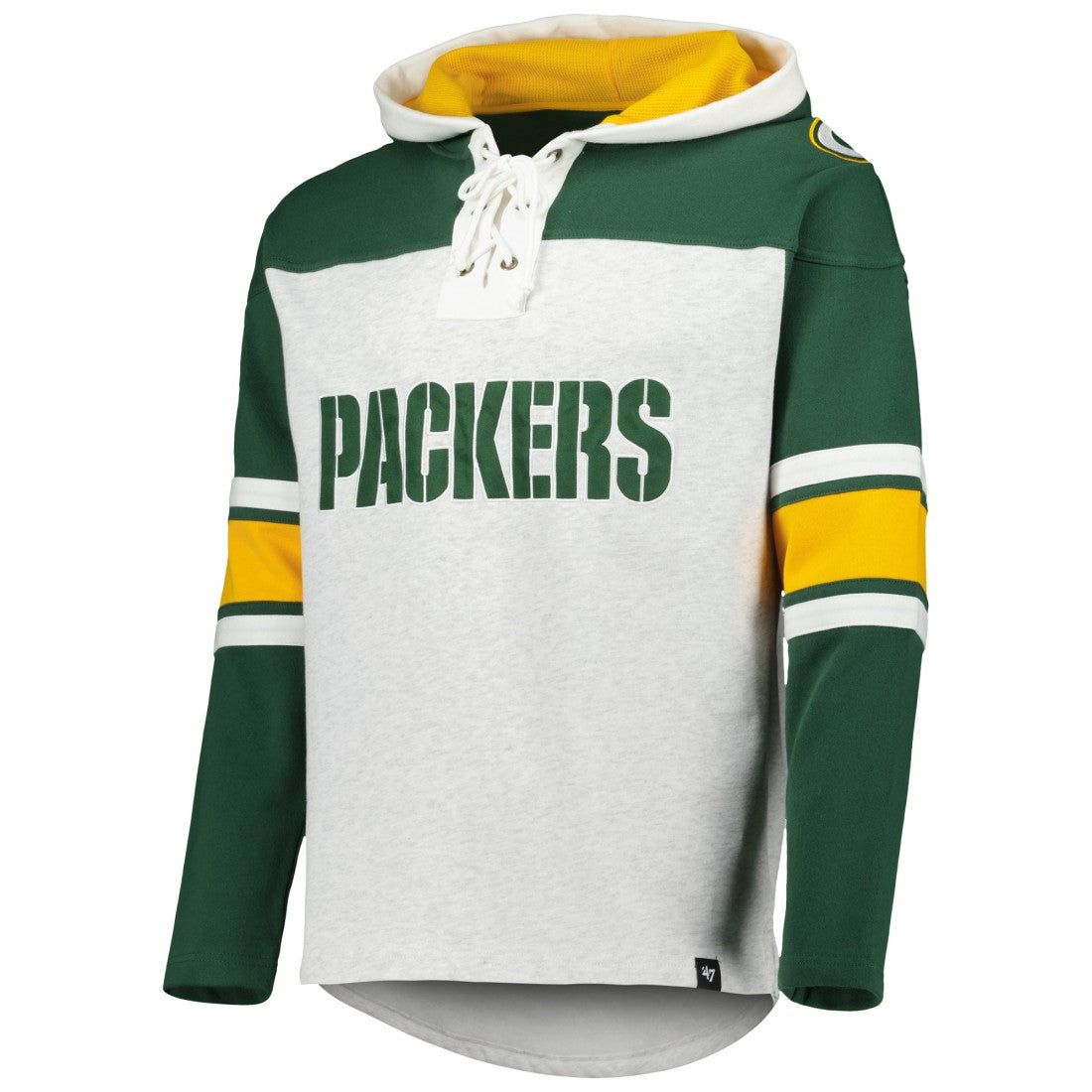 Green Bay Packers '47 Gridiron Lace-Up Pullover Hoodie - Heather Gray on sale