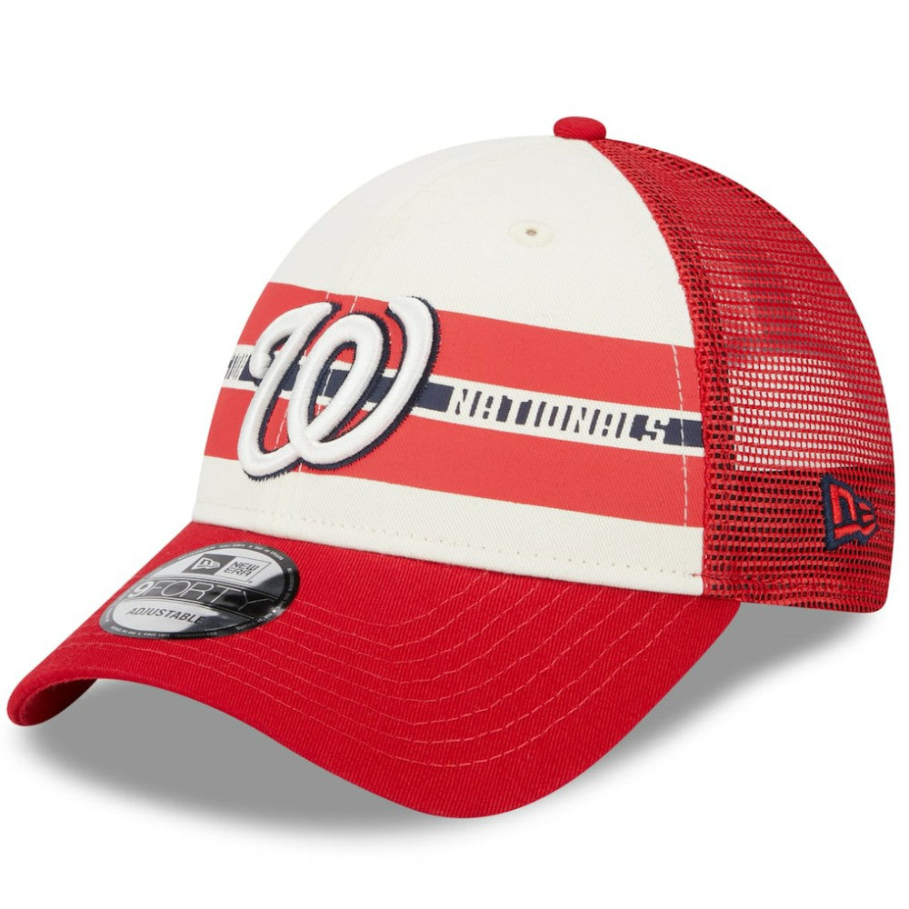Washington Nationals Team Stripe Trucker 9FORTY Snapback Hat - White/Red | New Era