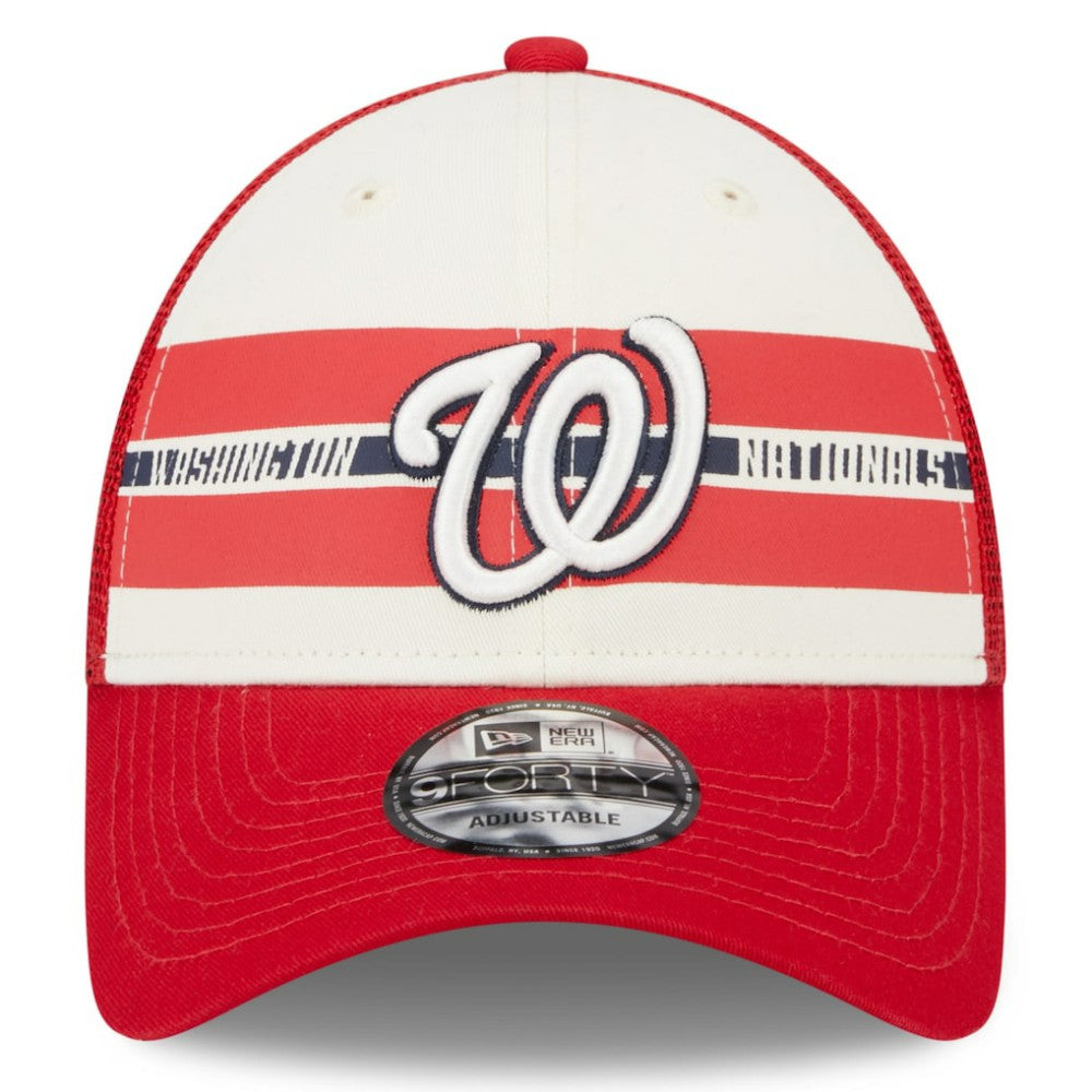Washington Nationals Team Stripe Trucker 9FORTY Snapback Hat - White/Red | New Era