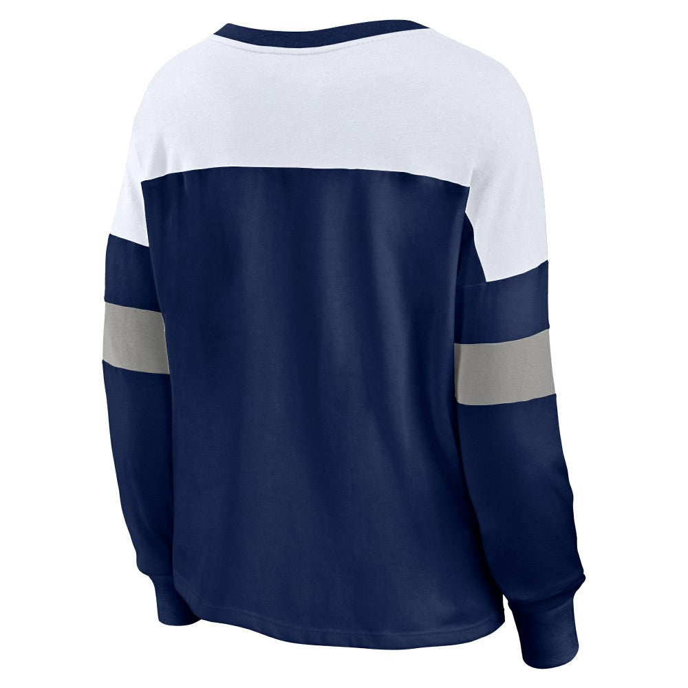 Milwaukee Brewers Women's Even Match Lace-Up Long Sleeve V-Neck T-Shirt - Navy/White