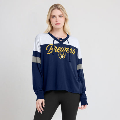Milwaukee Brewers Women's Even Match Lace-Up Long Sleeve V-Neck T-Shirt - Navy/White