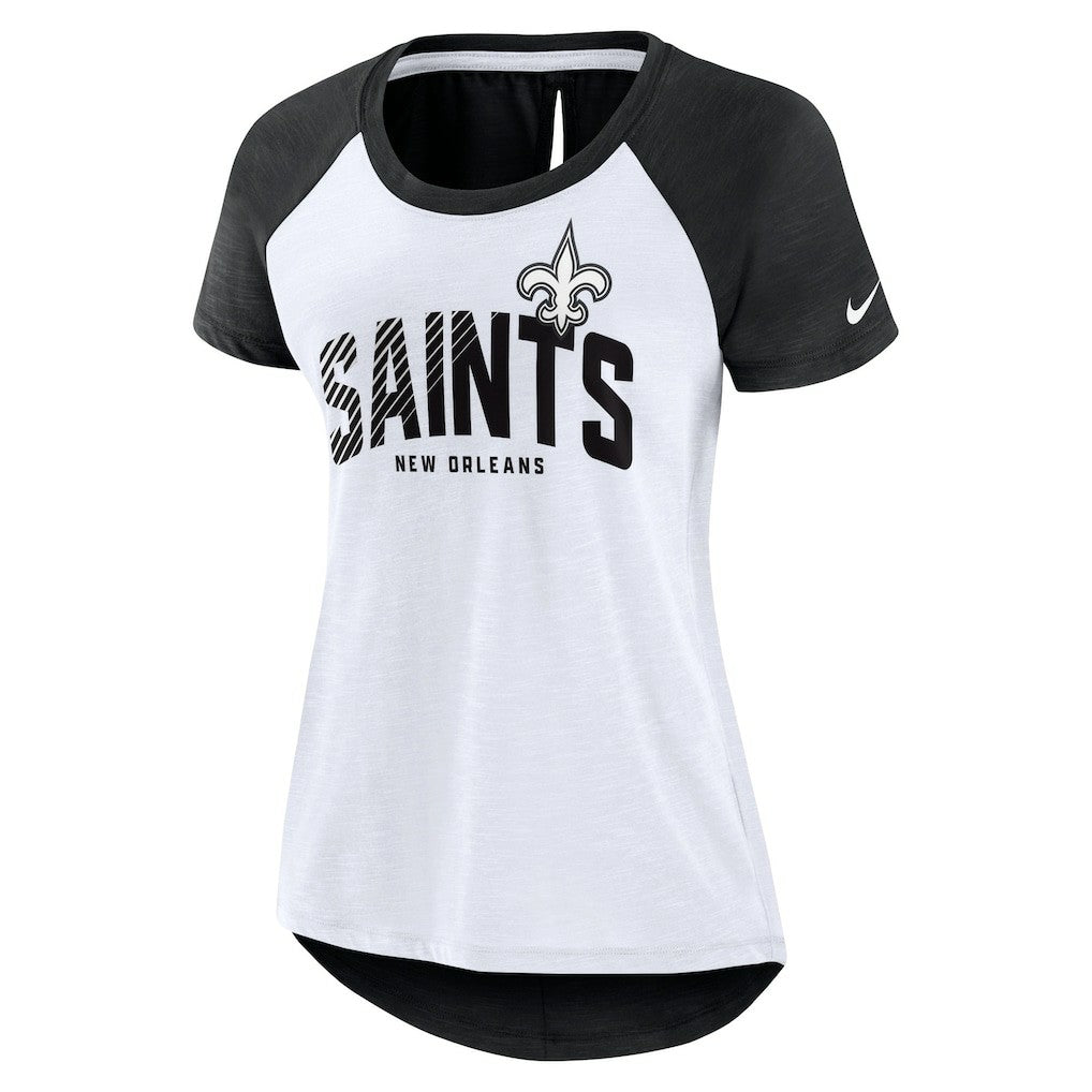 New Orleans Saints Women's Back Slit Lightweight Fashion T-Shirt - White/Heather Scarlet | Nike for sale