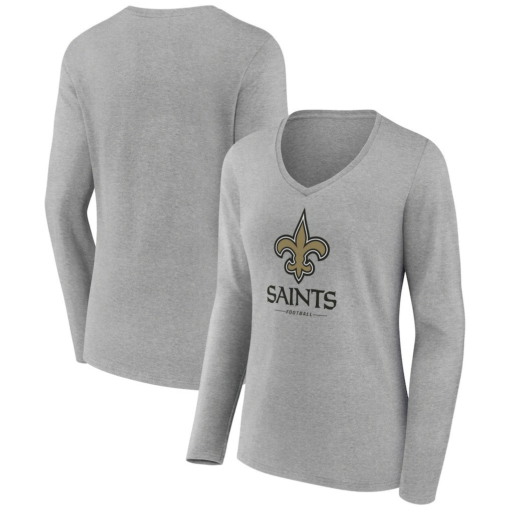 New Orleans Saints Women's Logo Team Lockup Long Sleeve V-Neck T-Shirt - Heather Gray for sale