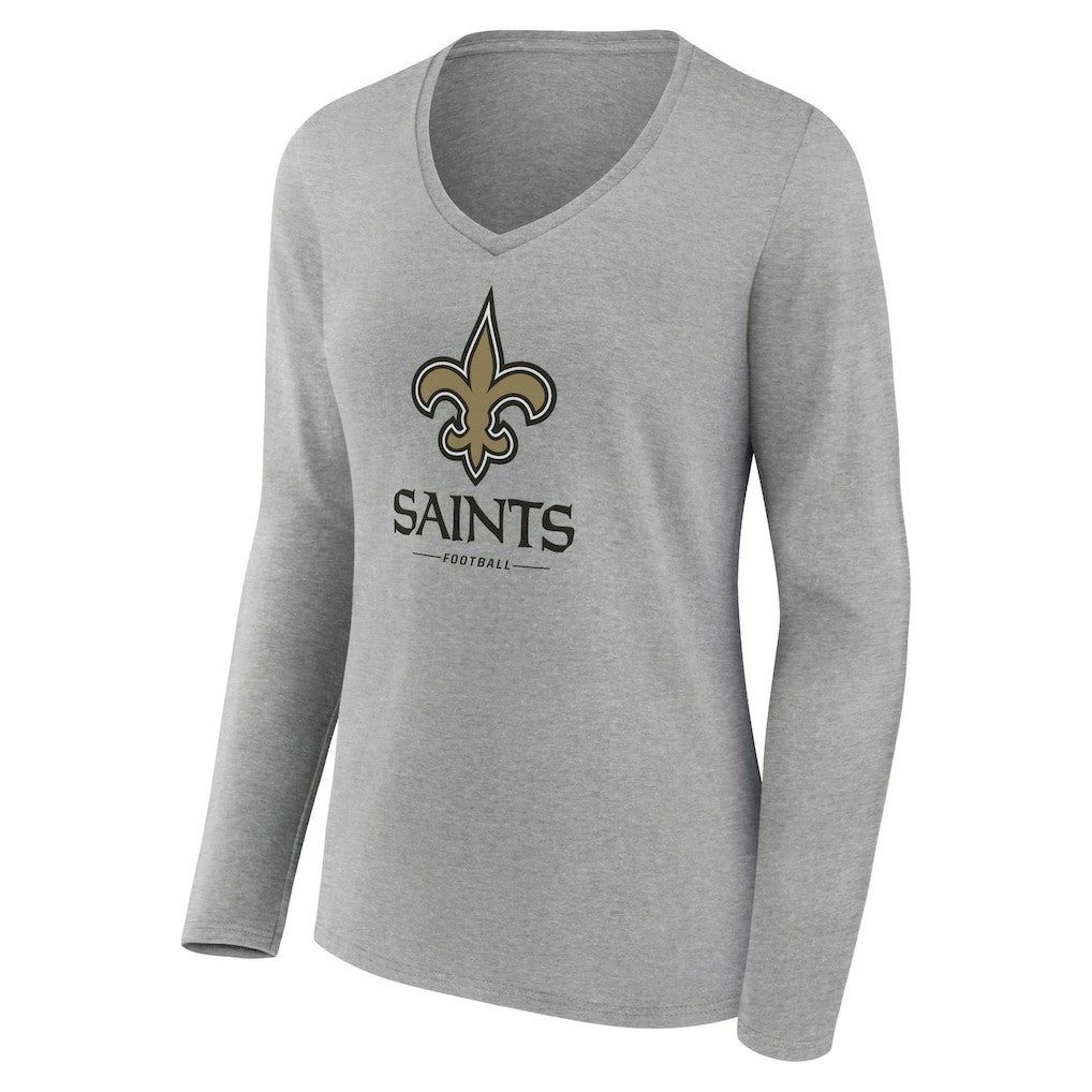 New Orleans Saints Women's Logo Team Lockup Long Sleeve V-Neck T-Shirt - Heather Gray for sale
