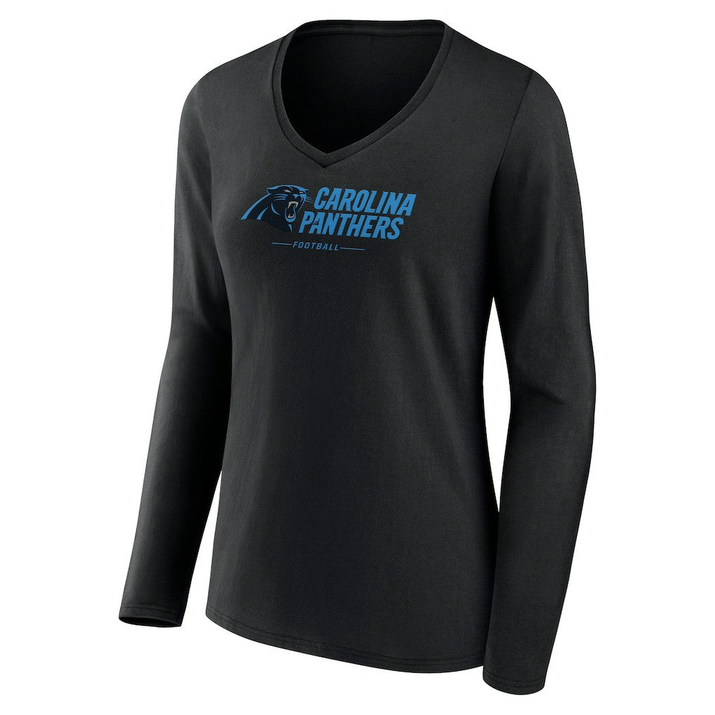Carolina Panthers Women's Logo Team Lockup Long Sleeve V-Neck T-Shirt - Black on sale