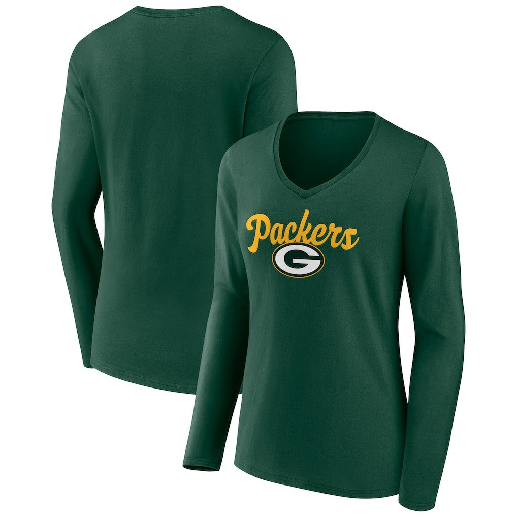 Green Bay Packers Women's Freehand Team Long Sleeve V-Neck T-Shirt - Green discount