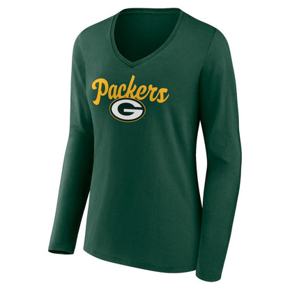 Green Bay Packers Women's Freehand Team Long Sleeve V-Neck T-Shirt - Green discount